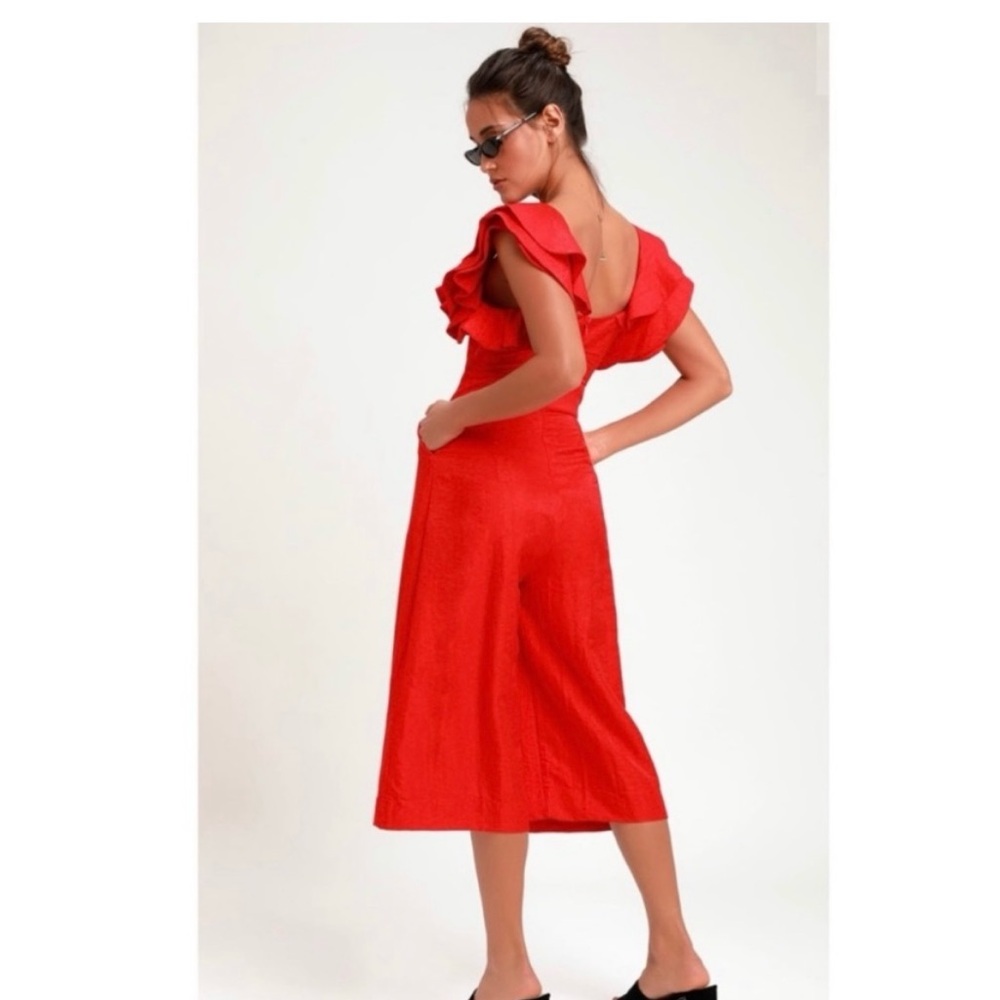 nwt LULU’s Bright Here Bright Now Red Ruffle Jumpsuit